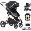 Shineey Passeggino trio,Carrellino per Bebè città 22kg con sedili,Passeggino pieghevole con vista alta,Buggy combinato pneumatici in gomma e vagone per bebè in alluminio (D2BLACK, H2-D)