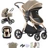 Mobayta Passeggino 3 in 1 neonati fino a 22KG passeggino compatto con maniglia regolabile passeggino cittadino Alluminio con paesaggio elevato combinazione passeggino trio (D2-LIGHT BROWN, D2)