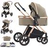Shineey Passeggino trio, combinazione carrellino per bebè 3 in 1 passeggino cittadino con buggy pieghevole di lusso con carriola per bambini ad alta vista portatile con neonato (D2 LIGHT BROWN, H2-D)