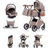 Kakbgee Passeggino 3 in 1 con Seggiolino Auto, 7-Altezza Regolabilea | Carrozzina Piegevole, Sospensione 4 Ruote, Copripioggia e Zanzariera, Baby Stroller per Neonati 0-3 Anni (15kg), Cachi