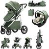 Zkiprm Passeggino combinato 3 in 1, con seggiolino auto, pieghevole, telaio in alluminio, cestino capiente,zanzariera/copertura/guanti/portabicchieri/parapluia, Zaino in omaggio, 0-4 anni