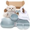 BebeDeParis Regalo ecologico personalizzato per bambini | stoviglie in silicone e bavaglino ricamato con nome + biologico | fatto a mano in Spagna (Blu | Set di Piatti + Bavaglino + Orsetto) | BebeDeParis