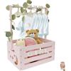 Gatphy Cestino per neonati in legno, 40 x 30 x 55 cm, con 10 grucce per bambole e 24 lettere, in legno, un cesto regalo che può essere completato con animali di peluche, biglietti di auguri (rosa, legno)