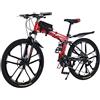 SHTST Mountain bike pieghevole da 26 pollici, con doppio assorbimento degli urti, telaio in fibra di carbonio con borsa per bicicletta, freni a disco, bici a sospensione completa perfetta (rosso)