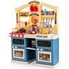 COSTWAY Cucina Giocattolo per Bambini, Cucina per Bambini con Forno, Microonde, Lavello e Rubinetto, Funzione Luci e Suoni, Vapore e Ebollizione, 69 Accessori, per 3+ Anni (Blu)