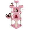 Yaheetech Albero per Gatti Alto 174 cm, Tiragraffi per Gatti Adulti con 7 Pali Graffiatoi, 3 Trespoli, 1 Cesto, 3 Pompon, 1 Scala e Design a più Livelli, Rosa