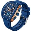 findtime Orologio da uomo con cronografo, analogico, sportivo, impermeabile, per corsa, cronometro, con fasi lunari luminose, unico Tonneau, Blu oro., Casual