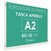 3DScube Espositore in plexiglass di ALTISSIMA qualità, da parete, targa a tasca apribile in plexiglass, porta avvisi e depliant formato A2 60x42 cm, completa di distanziali in alluminio (A2 Orizzontale)