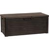 Toomax Florida baule da 550L multiuso con seduta, 148x72x60h finitura effetto legno, colore marrone, porta attrezzi resistente ai raggi UV, con foro per lucchetto, ideale per esterni