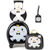SOARS Set di 4 Pezzi Valigia 14'' + Zainetto per Bambini, Bagagli 4-in-1 con Cuscino per Collo, Borsetta da Pranzo e Etichetta, Trolley con Maniglia Telescopica e 4 Ruote a 360° (Nero Pinguino)