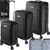 tectake® Set di Valigie Rigide, 3 Pezzi, Trolley da Viaggio con Lucchetto TSA, Set Trolley con Manici Telescopici, Scocche in ABS con Rivestimento in Policarbonato, Espandibili - Nero