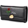 Lam Hub Fong Portafoglio Donna Personalizzato con Fiore di Nascita e Nome Portafoglio Lungo in PU Grande Capacità con Scomparti per Carte Banconote Tasca Regalo per Mamma Amica (nero)