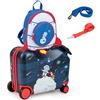 RELAX4LIFE Set Valigia Cavalcabile/Trolley per Bambini 18'' con Zaino 12'', 4 Ruote Girevoli, Maniglia Retrattile 56cm, 2 Cingie Multiuso, Zaino: 26x30cm/Trolley:47x26,5x36,5cm (Nero)