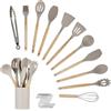 KITDAHOM Set Utensili Cucina - Set di 12 Pezzi Utensili Cucina Silicone con Portaposate e Manico in Legno - Utensili da Cucina Resistente al Calore - Antiaderente e Lavabile in Lavastoviglie (Kaki)