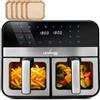 LEHMANN Friggitrice ad Aria Doppio Cestello 9L [2x4,5L], 2400W, Controllo WiFi, 12 Programmi & Regolazione Manuale 80-200°C, Schermo Touch, Air Fryer XXL ideale per le Famiglie Numerose con Bambini