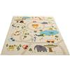 the carpet Happy Life - Tappeto da gioco per bambini, lavabile, con immagine di una strada, una giungla auto e animali, sfondo beige, 160 x 220 cm