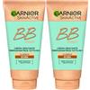 Garnier SkinActive BB Cream Crema Viso Idratante Perfezionatrice Tutto in 1 Classica Uniformante Illuminante SPF15 Tonalità Scura con Acido Ialuronico e Pigmenti Minerali - 2 Flaconi da 50ml