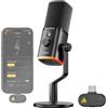 MAONO Microfono dinamico wireless con USB-C, doppia modalità wireless e cablato, riduzione del rumore a 7 strati, microfono da tavolo per PC con RGB, per gaming, streaming, riunioni, PD100W nero