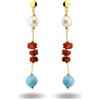 gioiellitaly Orecchini lunghi argento 925 dorato con corallo rosso naturale del Mediterraneo perla acqua dolce chiusura perno e farfallina gioiello donna ragazza artigianale