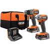 RIDGID Kit combinato di 2 utensili senza fili subcompatti senza spazzole da 18 V con trapano a martello, driver di impatto, (2) batterie da 2,0 Ah, caricatore e borsa