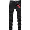 Generic Jeans Uomo Regular,Pantaloni Classici Jeans Slim Fit da Uomo con Ricamo di Rosa, Taglio Nero e Dettagli Strappati per Un Look Moderno e alla Moda