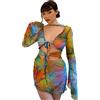 JasmyGirls Abito da donna per rave festival, farfalla, set di due pezzi a maniche lunghe con gonna superiore in rete, Giallo, M