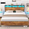 Brinlawb Struttura Letto 120x200 cm con Luce LED e Stazione di Ricarica (2 Prese CA, 2 Porte USB) Struttura Letto 120x200 cm con struttura in metallo, Facile da montare, Moderno, Marrone