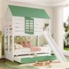 Lexiou Letto a Castello per Bambini 90x200 cm con Scivolo e Terza Piazza a Scomparsa, Letto a Castello con Casetta e Sedia, Letto a Ponte Casetta,Camera Ragazzi,Bianco + Verde