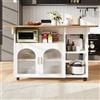 Wyibwy Carrello da cucina,isola da cucina su ruote con piano di lavoro pieghevole,mobili da cucina con 2 porte in vetro,carrello da pranzo con venature in legno, Mobile buffet,120x30x79.5 cm,Bianco