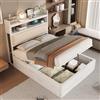 Wyibwy Struttura letto 90x200 con meccanismo di sollevamento idraulico, Letto singolo con USB, Struttura letto con testiera imbottita,design retrò in legno e metallo,strato contenitore nascosto,bianco