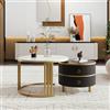 FAYICIC Tavolino rotondo in MDF 2 in 1, tavolino con piano del tavolo e piano in marmo, tavolo da salotto combinato con 2 cassetti, 70 x 70 x 46 + 50 x 50 x 40 cm (oro e nero)