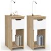 IDMarket - Set di 2 comodini Stretti a 1 cassetto Anouk con nicchia in faggio e Bianco