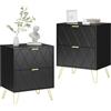 UEV Set di 2 Comodini con 2 Cassetti Motivo a Linee, 40x30x52cm, Nero