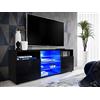 Komodee, Mobile TV Urbino, Nero/Nero, Larghezza 140 cm x Altezza 53 cm x Profondità 35 cm, Senza LED, 3 Ripiani In Vetro, 2 Vani con Ante, 2 Vani a Giorno, Per Soggiorno, Camera Da Letto