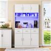 Ligterra Armadio buffet, 100 x 40 x 180 cm, buffet con illuminazione a LED con telecomando, cassetti, ripiani regolabili, fori di gestione dei cavi e prese, per cucine e sala da pranzo (bianco)