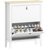 HOMCOM Scarpiera Salvaspazio Slim con 2 Ante a Ribalta, Scarpiera Ingresso con Ripiani Regolabili, Piano Superiore e Base Rialzata, Porta Scarpe per 14 Paia in Legno con Maniglia, 80x24x95.5cm, Bianco