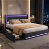BLSYHDH Letto con vano portaoggetti, 160 x 200 cm, con LED, letto imbottito con 4 cassetti, letto imbottito con porte di ricarica USB e tipo C, sul comodino, letto matrimoniale, imbottito (grigio scuro +