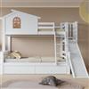 Idemon Letto a castello con finestre caratteristiche e scala inclinabile a quattro livelli, letto per bambini e mamma con scivolo, con due cassetti, struttura del letto in legno massiccio, bianco, 90x200