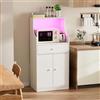 Ztexkee Credenza da Cucina con Piano di Lavoro, Mobile Microonde a Buffet con Presa e LED, Mobile Cucina Salvaspazio, Credenza da Cucina con Ripiano Regolabile(bianco, 60 x 40 x 123 cm)
