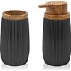 Inbagno Set 2 Pezzi Dispenser Sapone e Porta spazzolino, in plastica Nero, con Dettagli Effetto Legno, Serie Blob