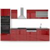 Vicco Cucina componibile R-Line, Rosso lucido, 300 cm con armadio alto, PL Antracite, con moduli disposti in modo variabile e piedini regolabili in altezza