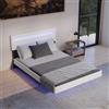 Juskys Letto sospeso Lissabon 140x200 cm con LED, rete e testiera - Design moderno in legno e similpelle - Matrimoniale - Colore bianco