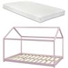 [en.casa] Letto per Cameretta a Forma di Casetta con Materasso 120 x 200 cm per Bambini Adolescenti Letto Piazza e Mezza in Stile Montessori in Legno di Pino - Rosa
