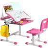 GYMAX Set Scrivania e Sedia per Bambini, Altezza Regolabile, Scrivania con Tavola Inclinata, Leggio per Libri e Lampada LED, Design Ergonomico, Ideale per Studiare e Leggere (Rosa)