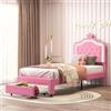 KEFSR Lettino Pieghevole per Bambini 90x200 cm con LED, Struttura per Letto Corona con Rete a Doghe e Schublade, Letto Regolabile per Ragazza, Letto senza Materasso (Rosa+PU, 90x200)