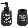 Inbagno Set Dispenser Sapone Liquido e portaspazzolino in Ceramica Nero con Stampe a Contrasto Moderno
