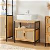[en.casa] Armadietto Sottolavabo con Ripiano e Scomparto Chiuso con 2 Ante con Effetto Rattan Mobiletto Sottolavandino in Bambù per Bagno 60 x 60 x 35 cm - Nero/Colore Naturale