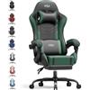HLFURNIEU Sedia Gaming Massaggiante, Sedia Gamer con Poggiapiedi e Cuscino Lombare Massaggiante, Poltrona Gaming Regolabile in altezza, Schienale Regolabile 90°-135°, Portata 150kg (Nero e Verde)