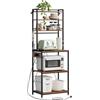 WOLTU Scaffale da Cucina a 6 Livelli con Prese di Corrente, Scaffale per Microonde con Struttura in Metallo e Piano di Lavoro Aperto, Nero+Marrone Rustico, 60x39,5x167cm