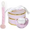 BebeDeParis Regalo Neonato Maschio Femmina | Ciuccio per Bambini con Nome | de 0|6 Mesi e Portaciuccio Rosa | Senza BPA | Presentato in una scatola elegante personalizzata | BebeDeParis
